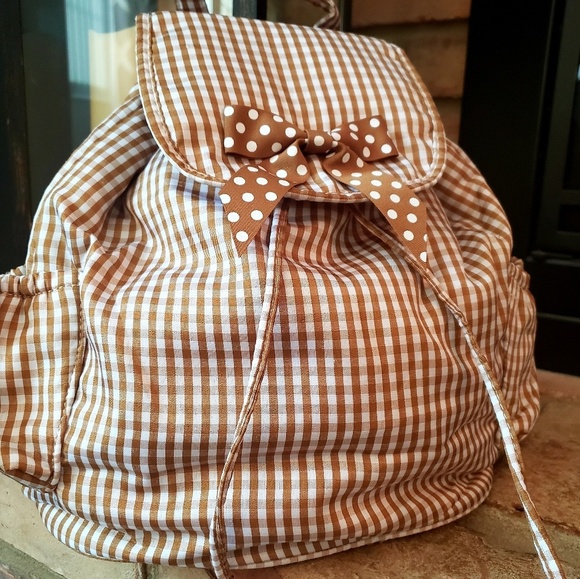 Boutique Handbags - 🎒Brown white gingham purse backpack bow polka dot